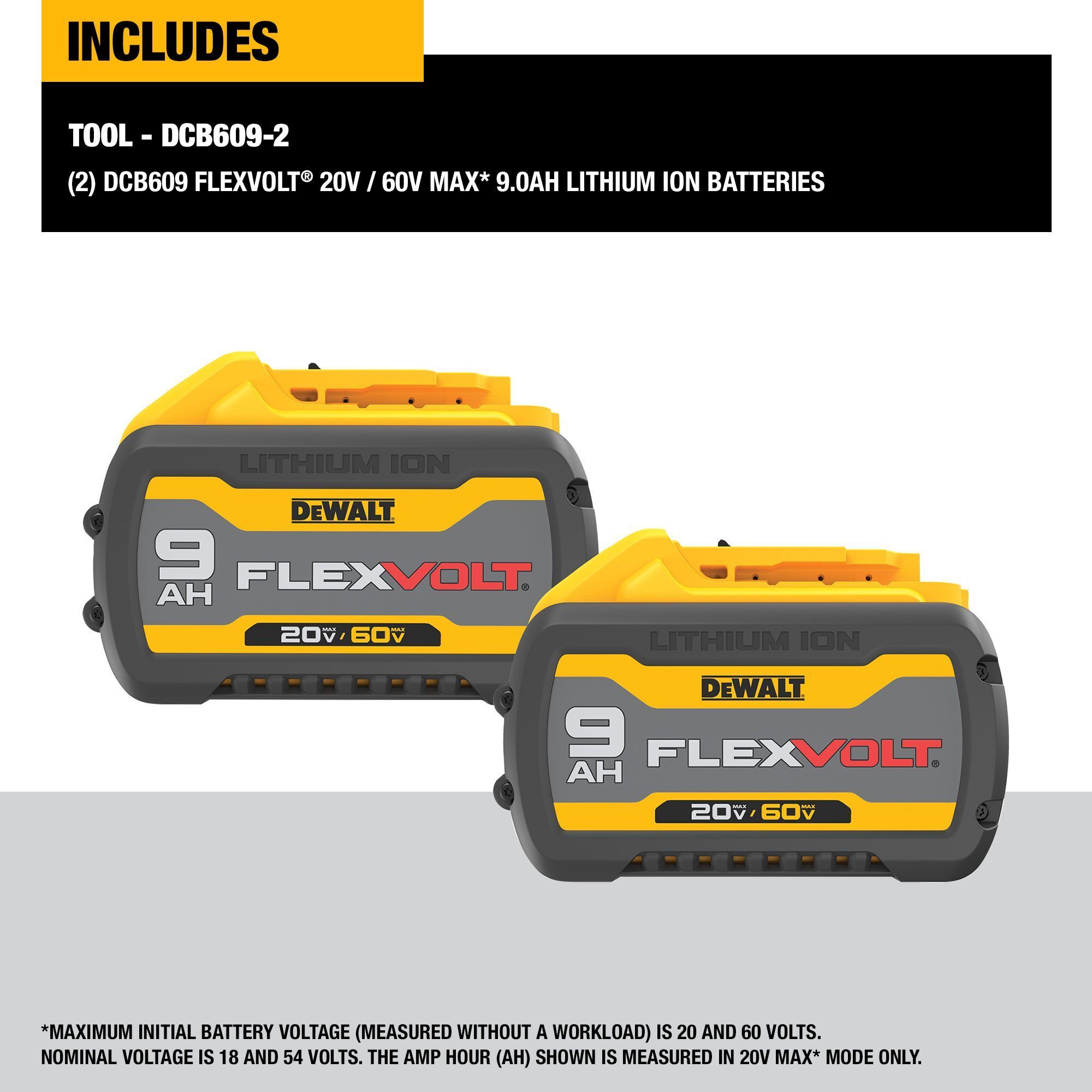 DeWalt FLEXVOLT 20V/60V MAX Batteries — 9.0Ah, 2-Pack, Model# DCB609-2